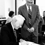 Benny Centennial 6 Harry Volkman gives an autograph to sound effects man Len Kunka.
