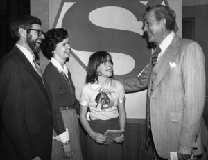 FEBRUARY 24, 1979 Chuck, Ellen and Patty greet actor Kirk Alyn, who starred as the Man of Steel in those now-classic Superman movie serials.