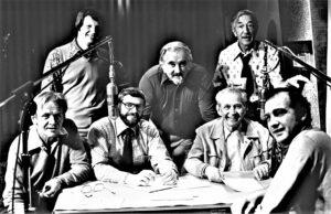 FEBRUARY 15, 1974 The production team for Fibber McGee and the Good Old Days of Radio — from left, announcer Larry Thor, producer Todd Kaiser, "actor" Chuck Schaden, director Jim Dolan, actor and star Jim Jordan, writer Phil Leslie, agency rep Bill Watson.